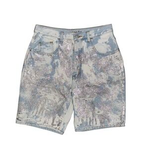 Vintage Y2K High Waist Acid Cloud Wash Silver Glitter Denim Jean Shorts Jorts